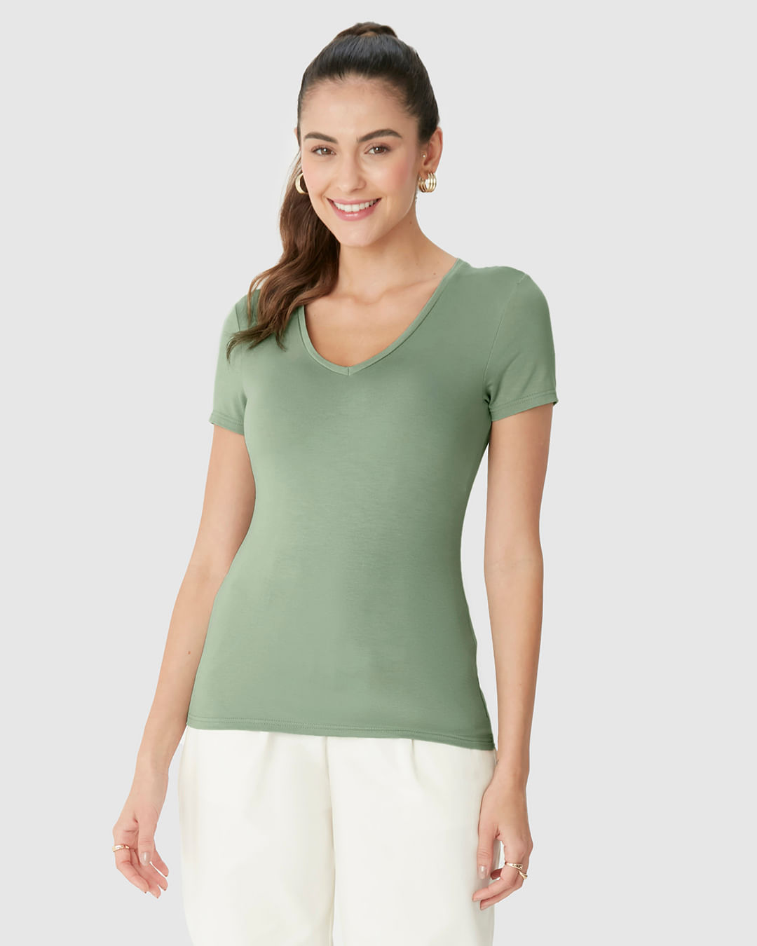 Blusa Básica Feminina Decote V Em Viscose Stretch - Imagem 9