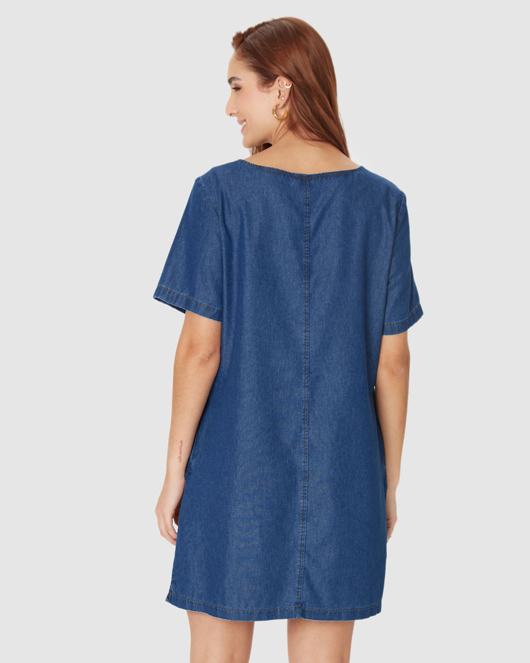 Vestido Feminino T-Shirt Detalhe Recortes Bolso Lateral Em Jeans Leve - Imagem 10