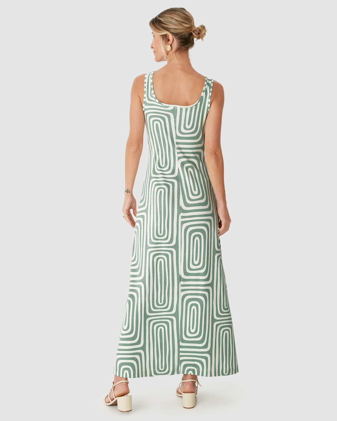 Vestido Midi Feminino Estampa Geométrica Decote Quadrado Em Ribana Linho - Imagem 10