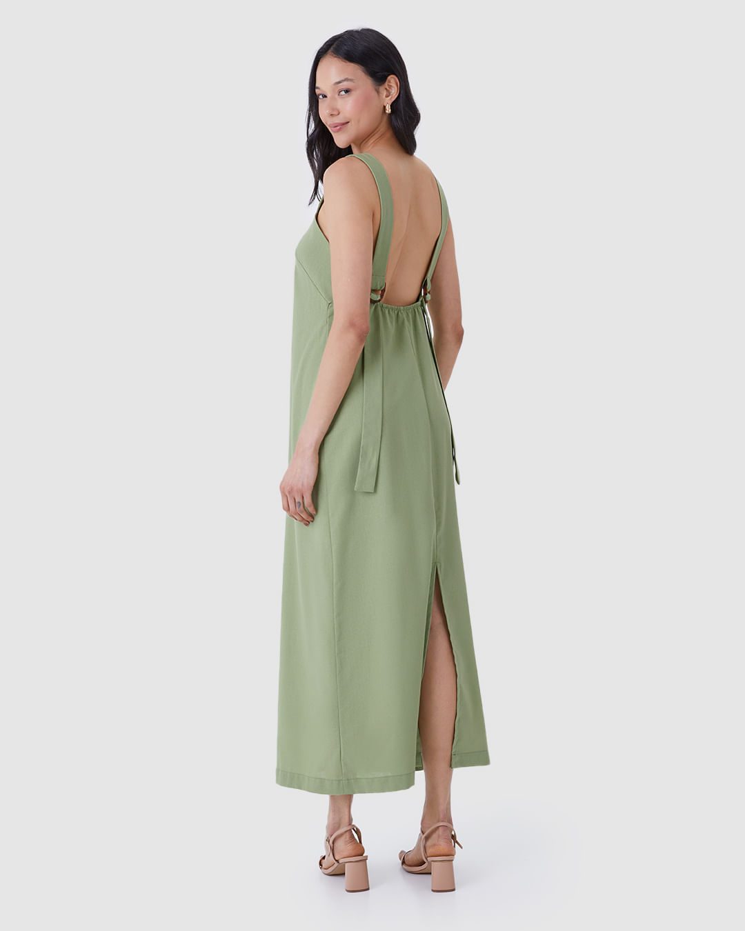 Vestido Midi Feminino Alça Com Aviamento Fenda Costas Em Viscolinho - Imagem 5