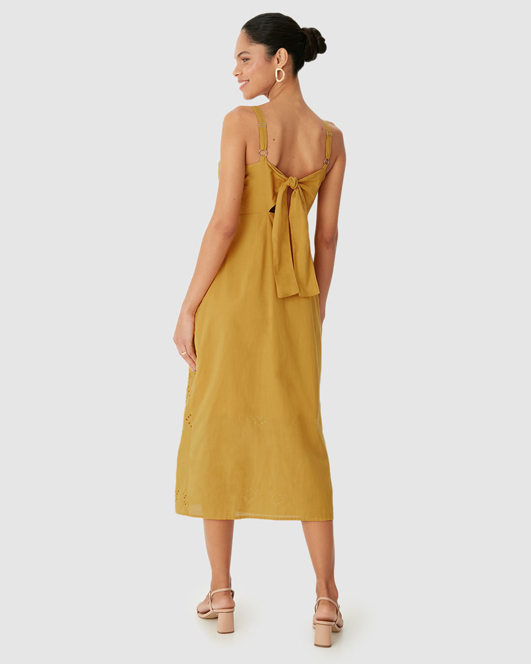 Vestido Midi Feminino Botões Frontais Detalhe Vazado Costas Em Laise Algodão - Imagem 10