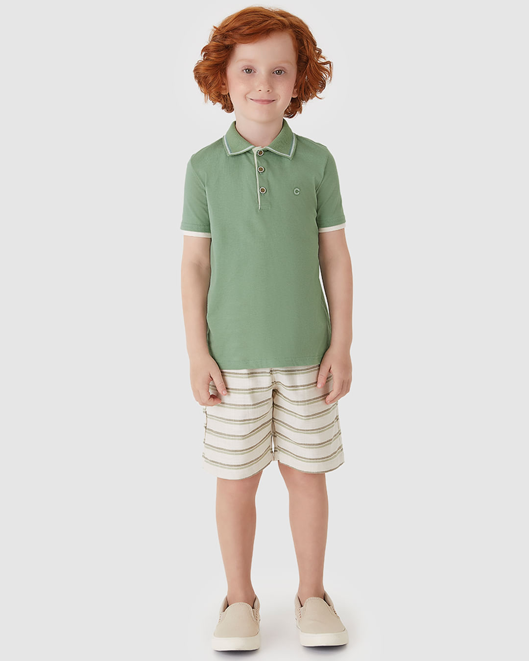 Conjunto Menino Camisa Polo E Bermuda Estampa Listrada Em Algodão - Carinhoso