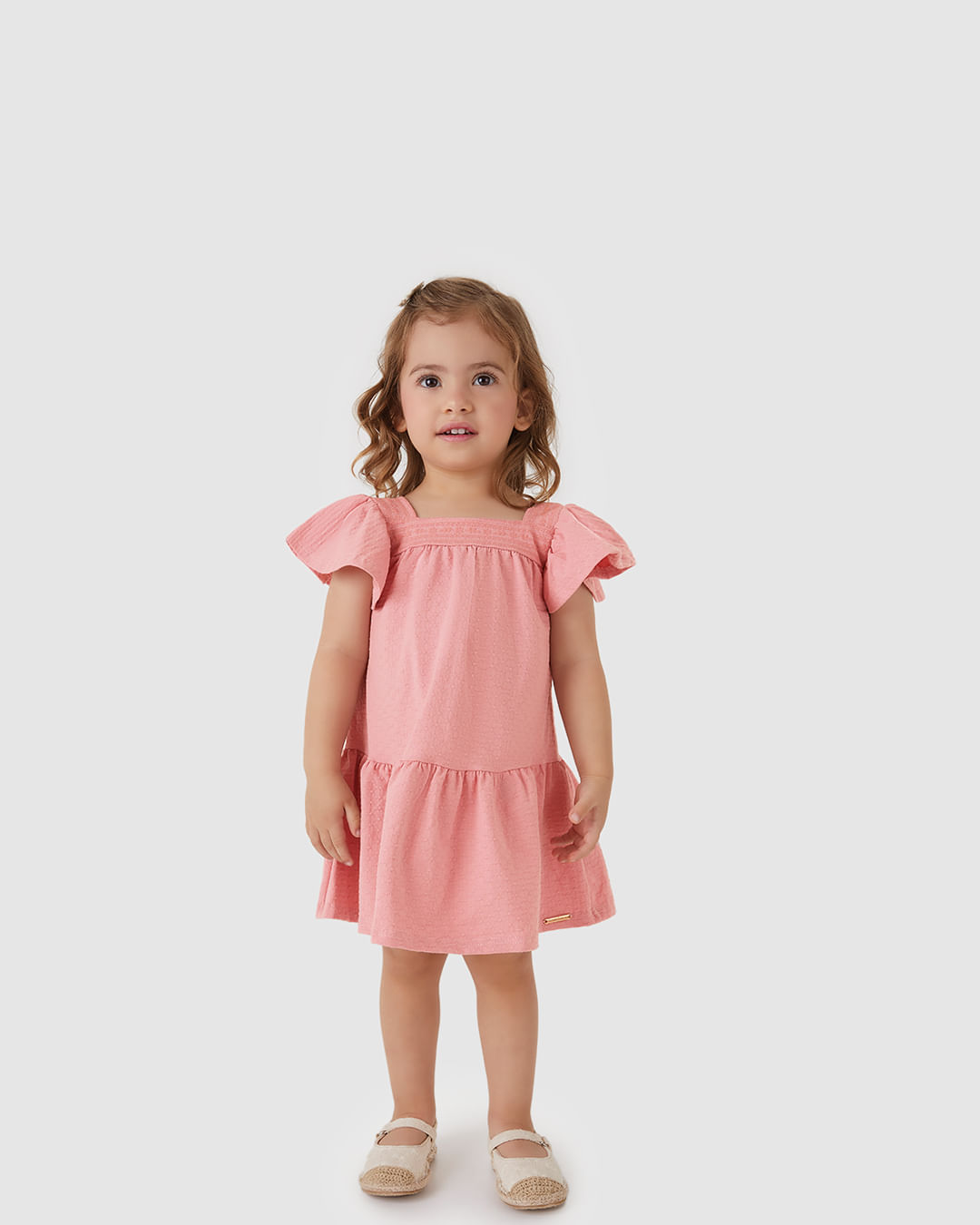 Vestido Menina Amplo Decote Quadrado em Malha Texturizada - Carinhoso