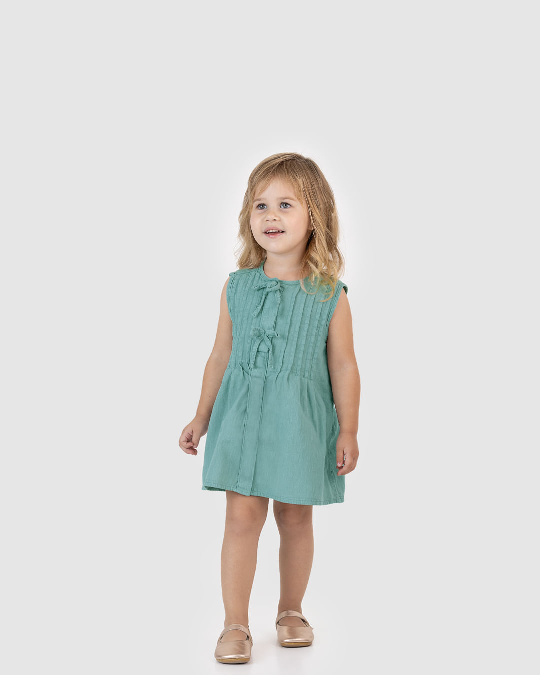 Vestido Menina Evasê Detalhe Laços Frontais Em Jeans Leve - Carinhoso - Azul - 4