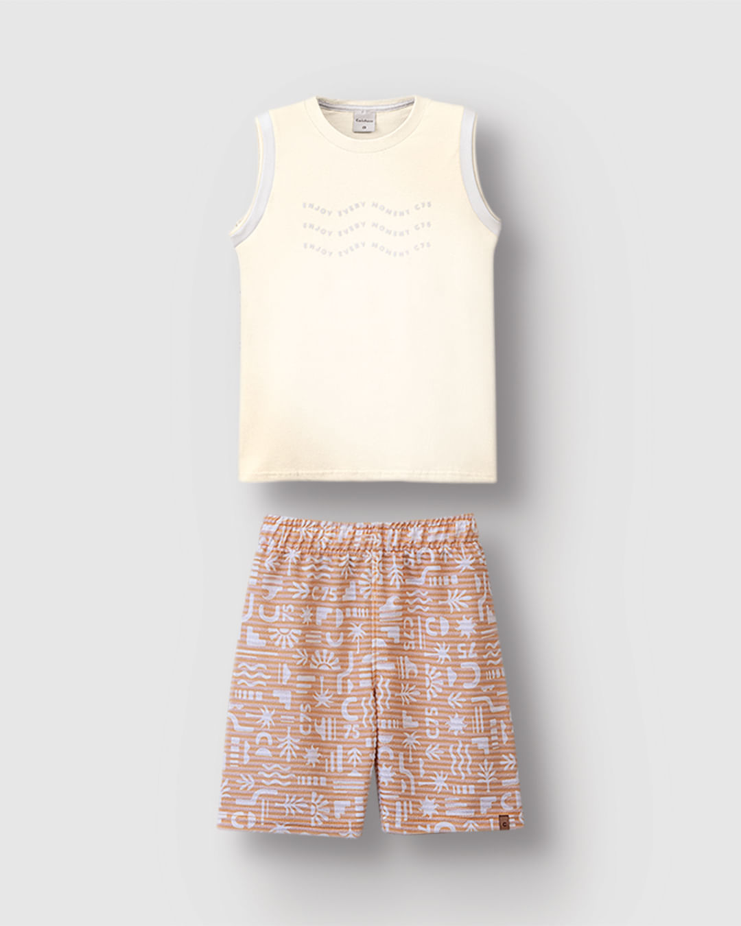 Conjunto Menino Bermuda Estampada Em Moletinho Listrado Linho – Carinhoso