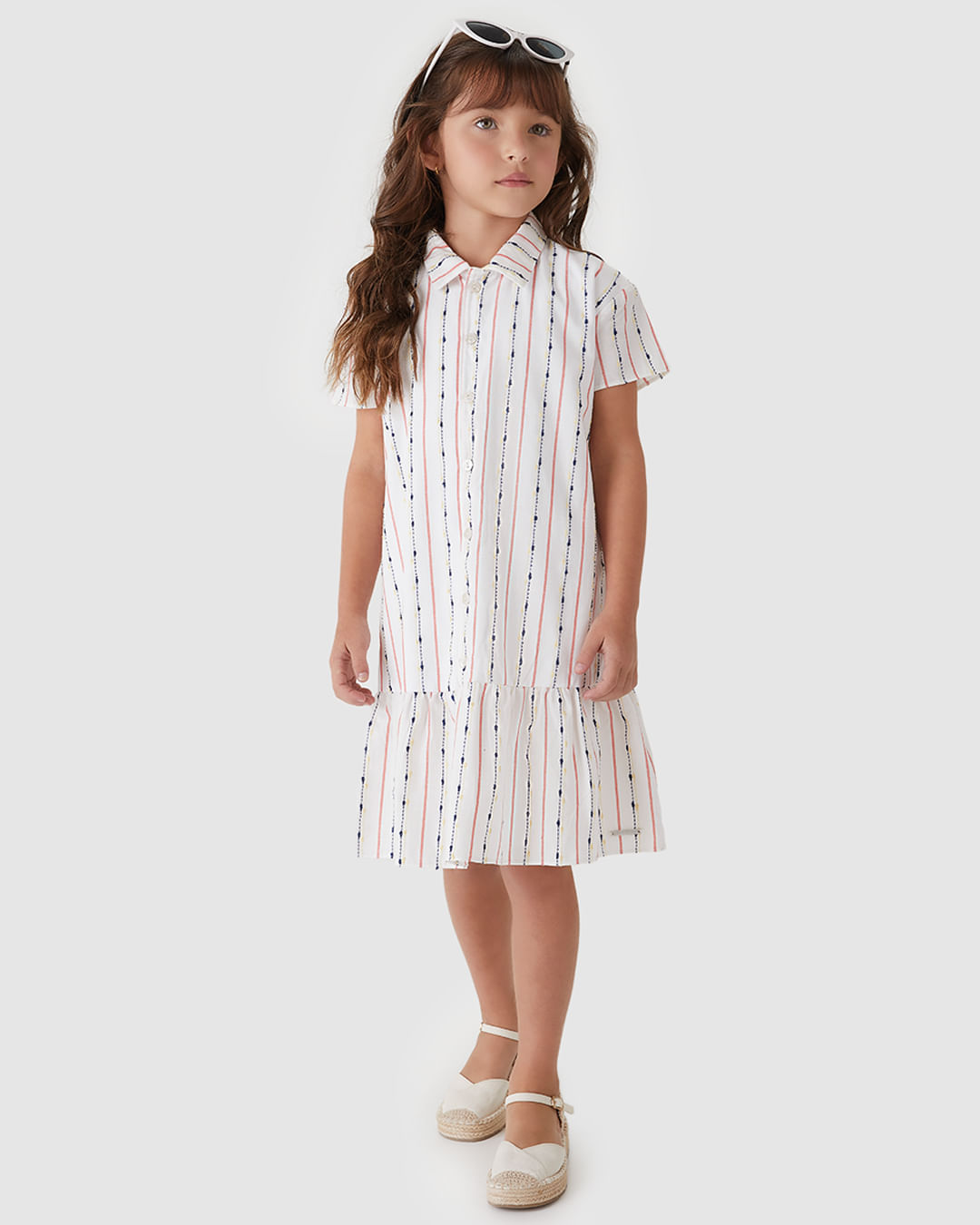 Vestido Menina Chemise Listrado em Tecido Texturizado - Carinhoso