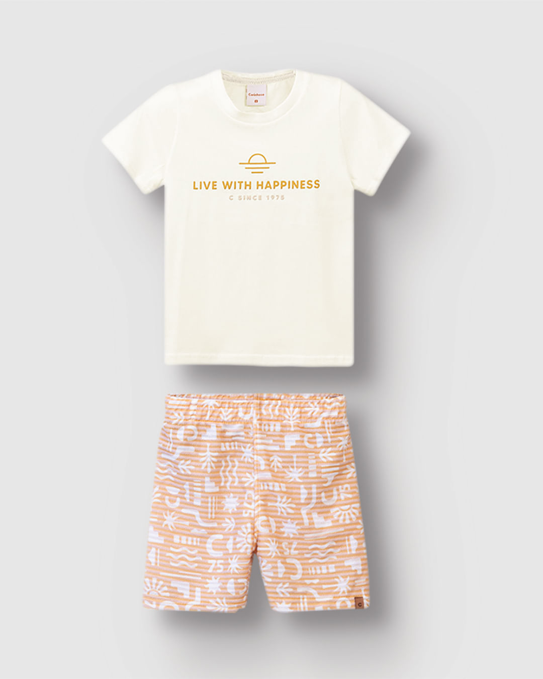 Conjunto Menino Bermuda Estampada Em Moletinho Listrado Linho - Carinhoso