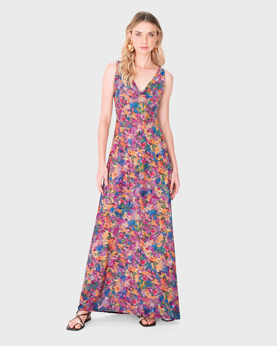 Vestido Longo Feminino Amarração Costas Estampa Floral Viscose Lurex - ENFIM