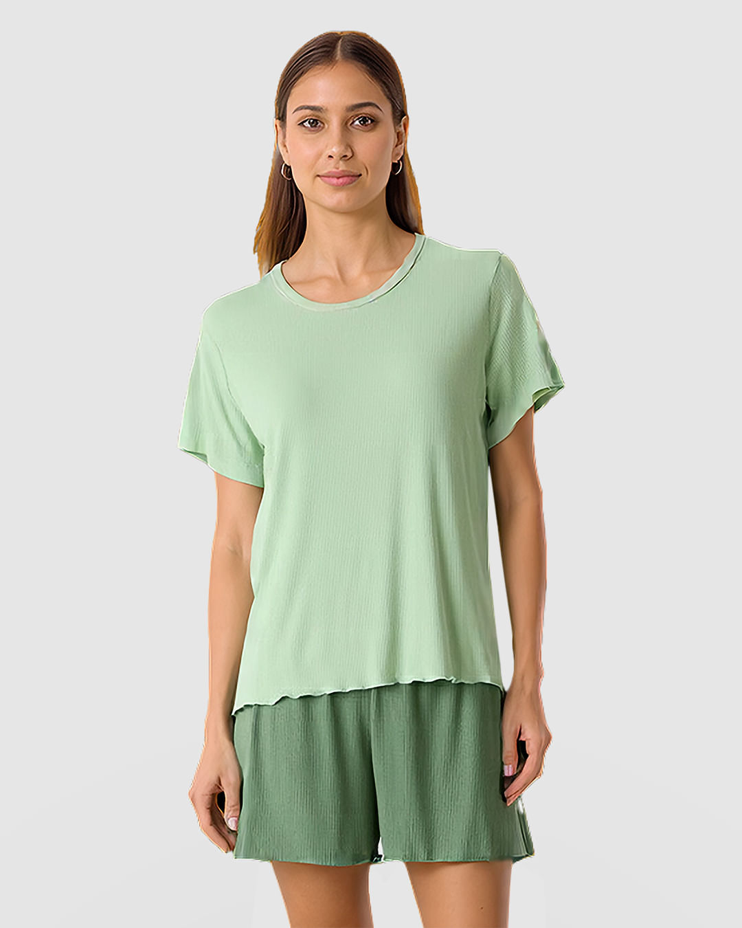 Pijama Curto Feminino Costura Filete Gola Em Malha De Viscose Canelada