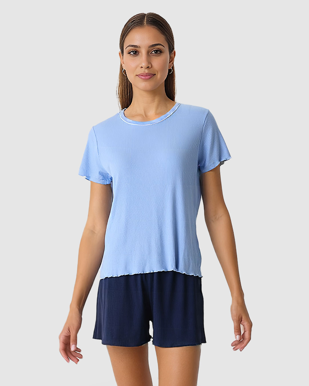 Pijama Curto Feminino Costura Filete Gola Em Malha De Viscose Canelada - Imagem 21
