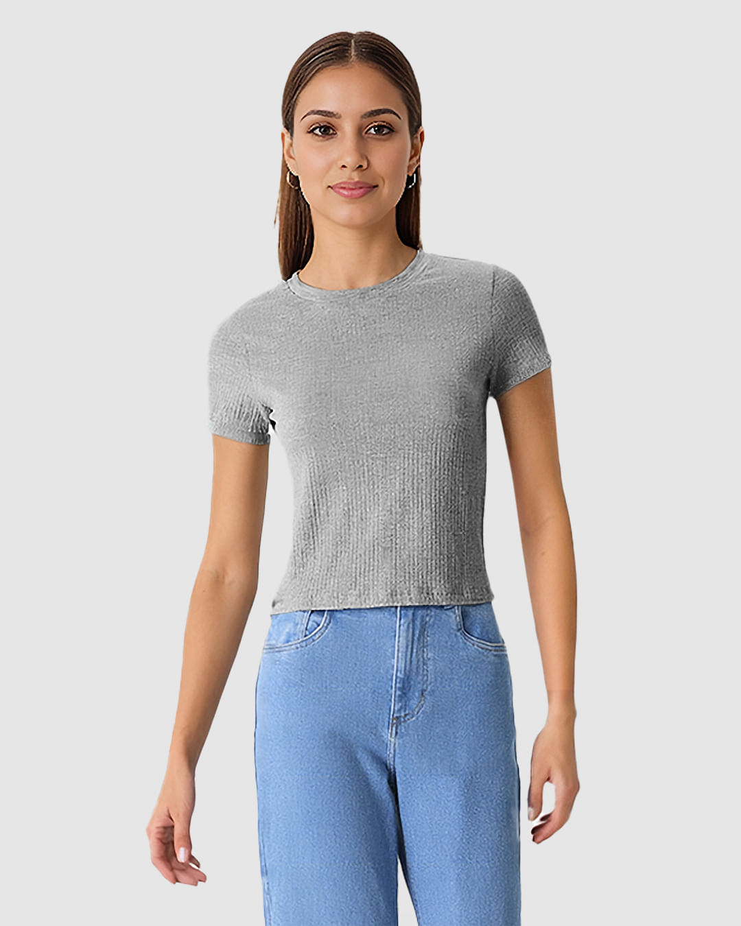 Blusa Cropped Feminina Decote Redondo Manga Curta Em Malha Texturizada - Imagem 26