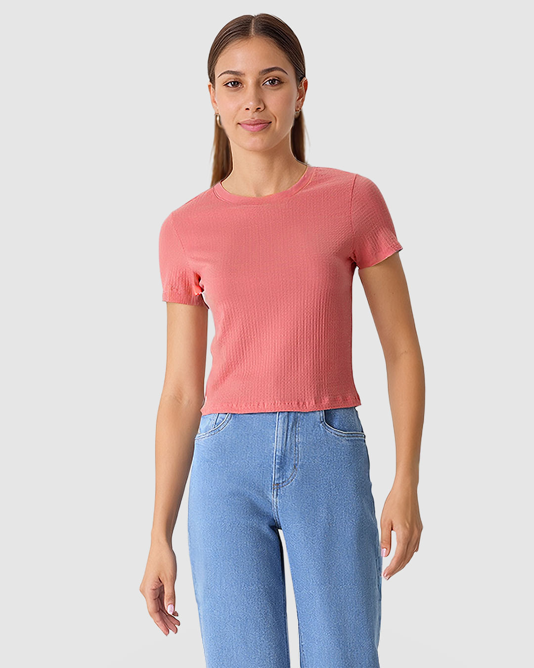 Blusa Cropped Feminina Decote Redondo Manga Curta Em Malha Texturizada - Imagem 21