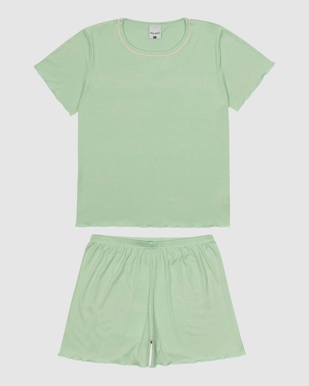 Pijama Curto Feminino Costura Filete Gola Em Malha De Viscose Canelada