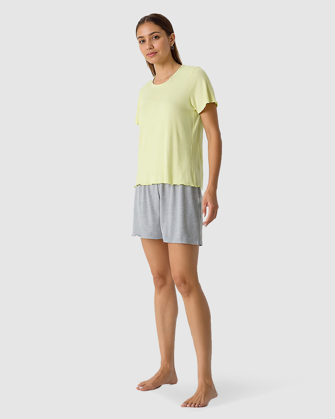 Pijama Curto Feminino Costura Filete Gola Em Malha De Viscose Canelada - Imagem 2