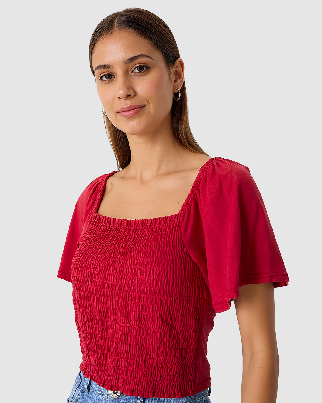 Blusa Feminina Detalhe Lastex Frontal E Manga Curta Em Algodão - Imagem 3