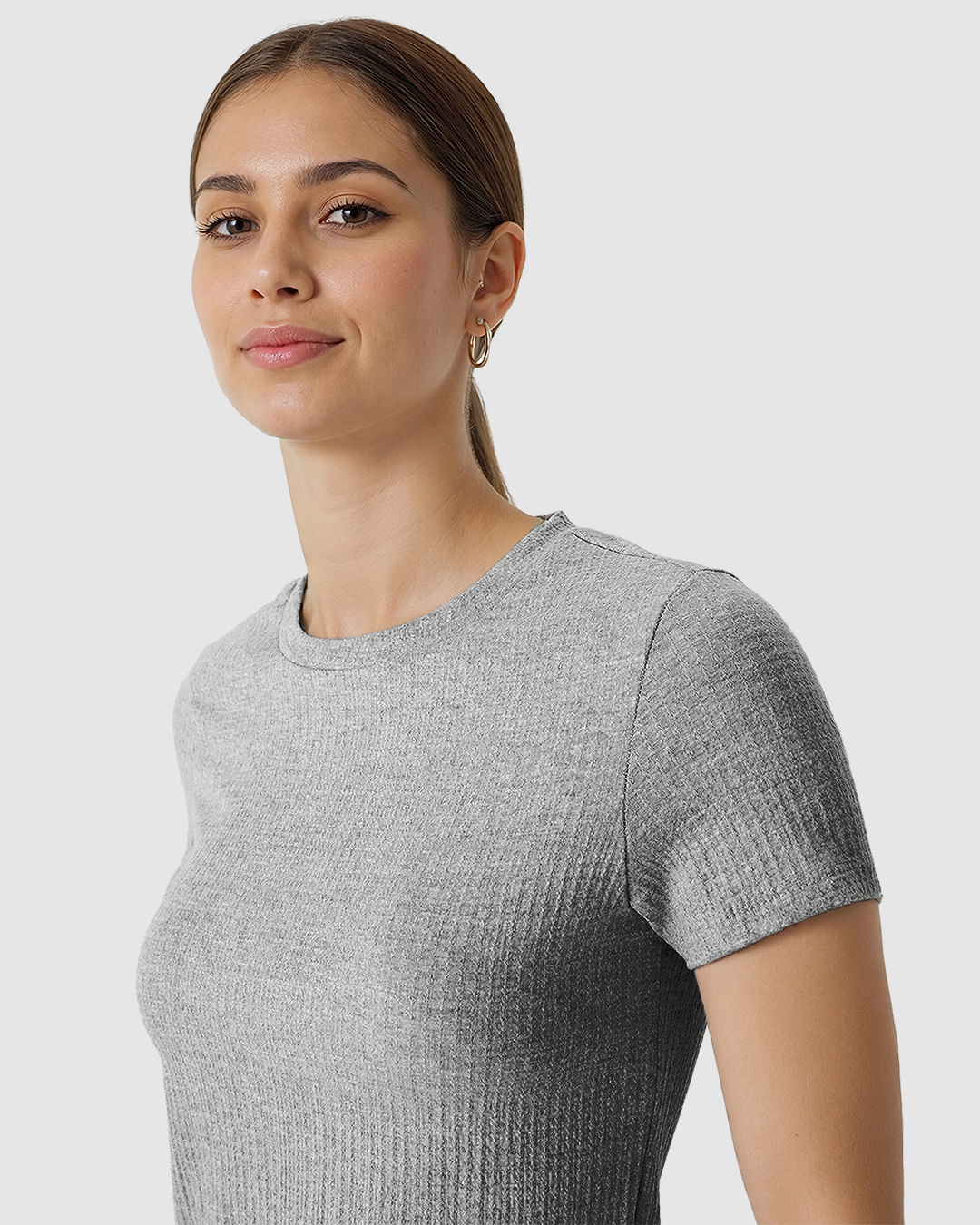 Blusa Cropped Feminina Decote Redondo Manga Curta Em Malha Texturizada - Imagem 23