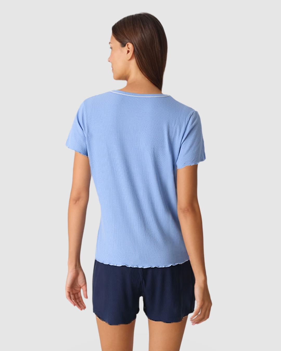 Pijama Curto Feminino Costura Filete Gola Em Malha De Viscose Canelada - Imagem 4