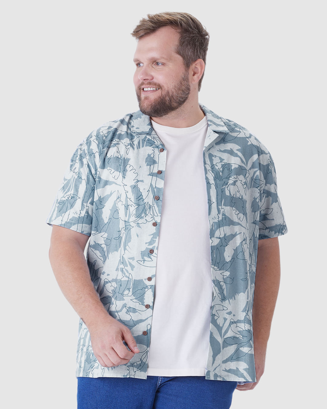 Camisa Masculina Plus Size Estampada Manga Curta Em Linho Com Algodão