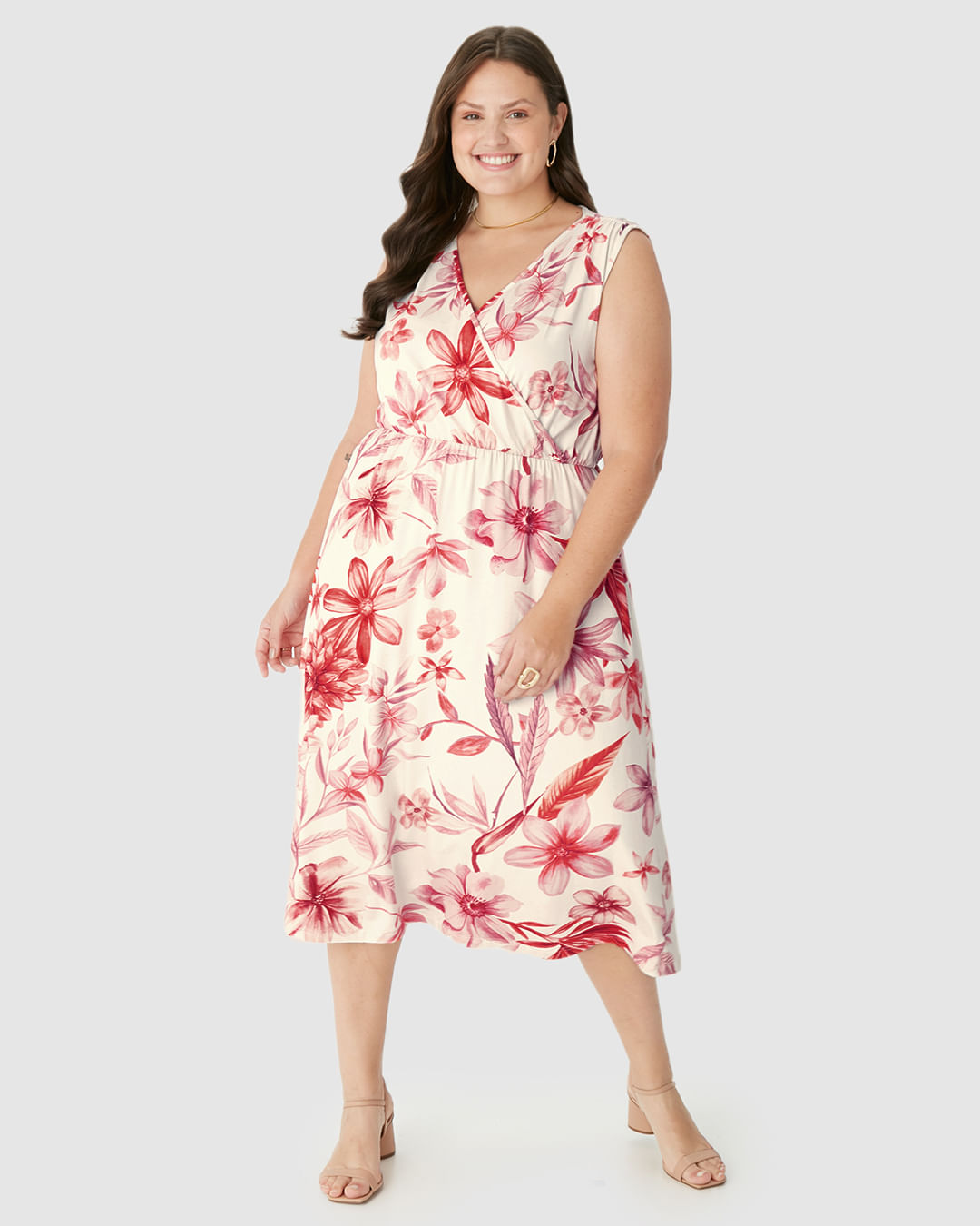 Vestido Midi Feminino Plus Size Transpassado Decote V Em Viscose Stretch