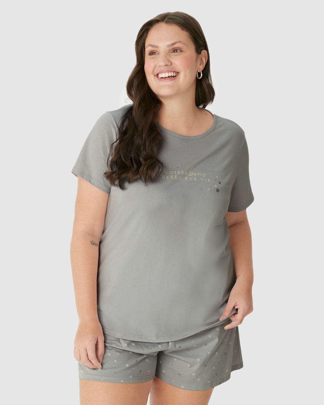 Pijama Curto Feminino Plus Size Coisas Boas Estão Por Vir Em Algodão - Imagem 11