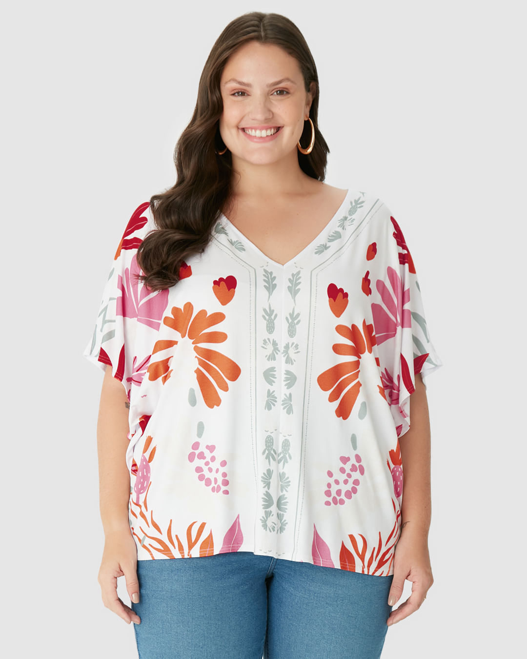 Blusa Feminina Plus Size Ampla Estampada Decote V Em Viscose Stretch - Imagem 14