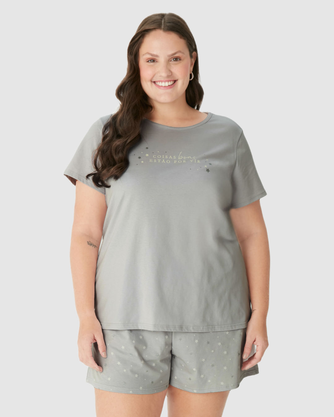 Pijama Curto Feminino Plus Size Coisas Boas Estão Por Vir Em Algodão - Imagem 14