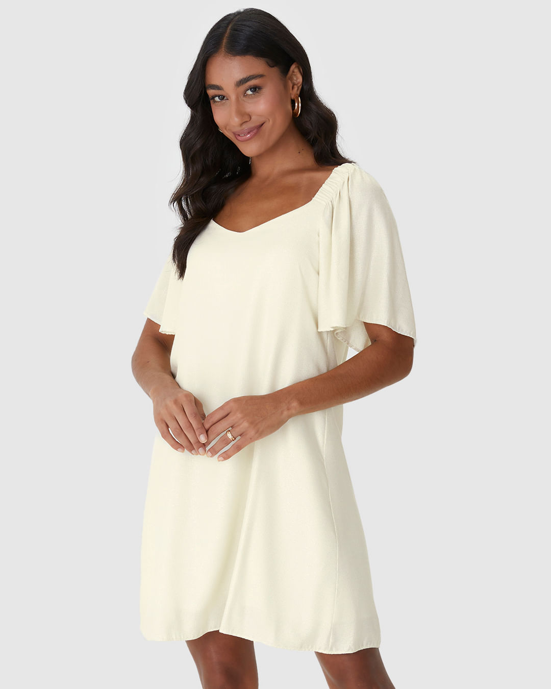 Vestido Feminino Evasê Manga com Franzido em Viscose Lurex