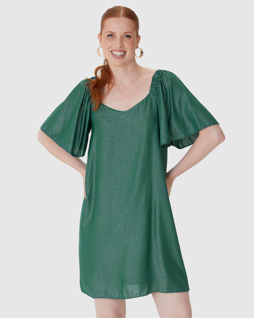 Vestido Feminino Evasê Manga com Franzido em Viscose Lurex