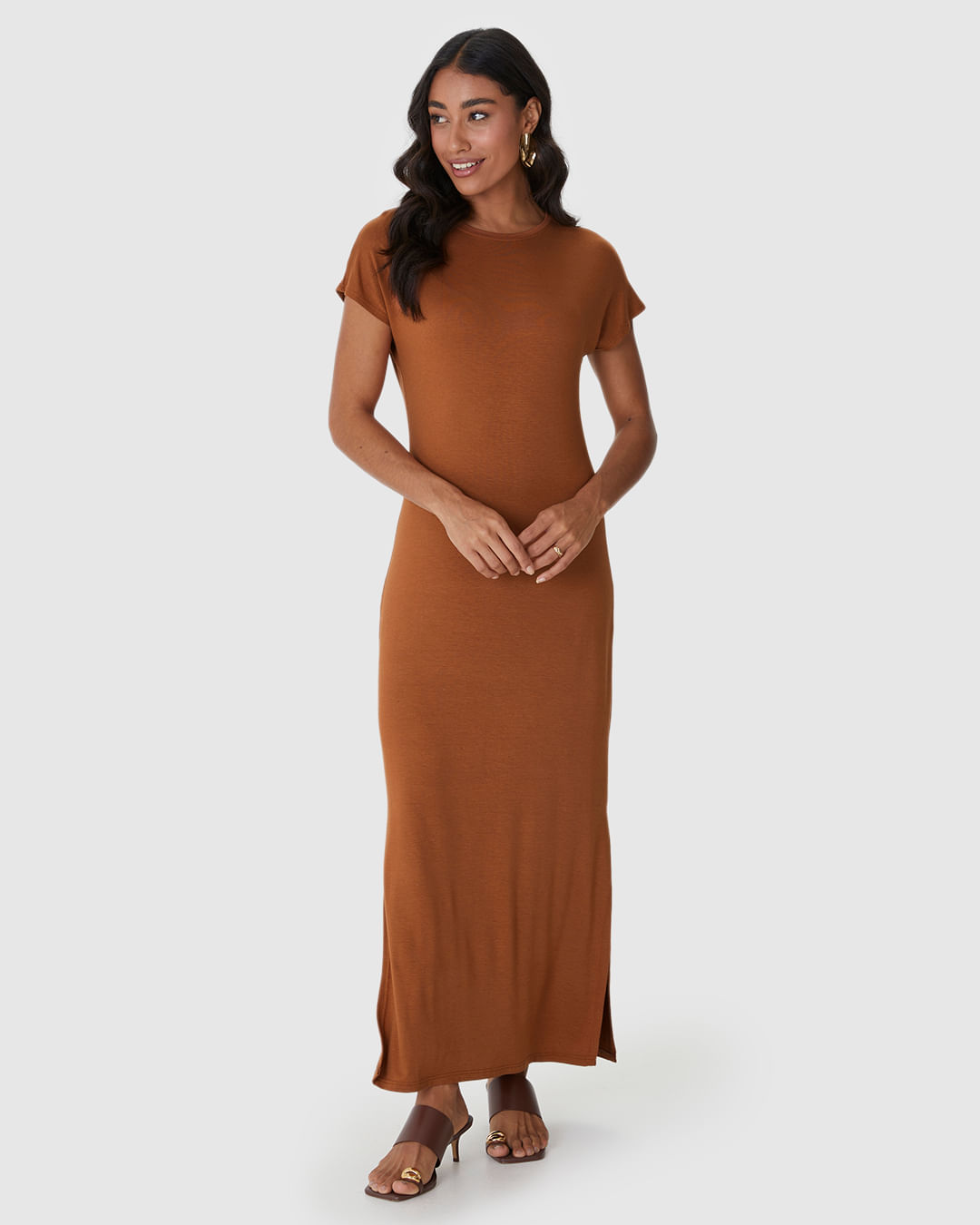 Vestido Midi Feminino Fenda Lateral Em Malha Viscolinho Stretch - Imagem 13