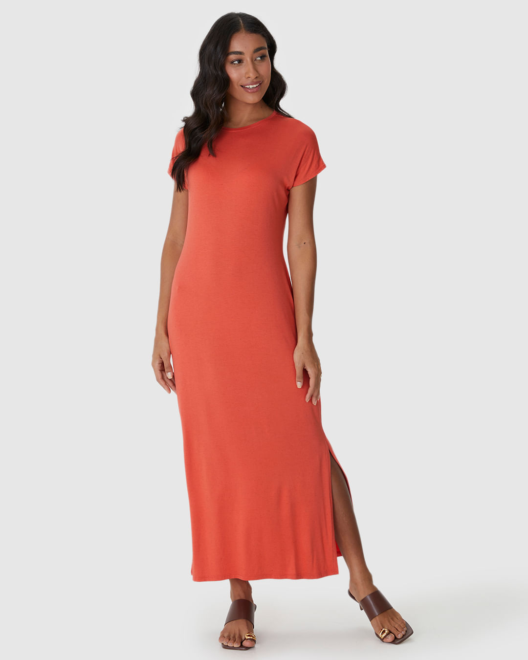 Vestido Midi Feminino Fenda Lateral Em Malha Viscolinho Stretch - Imagem 13