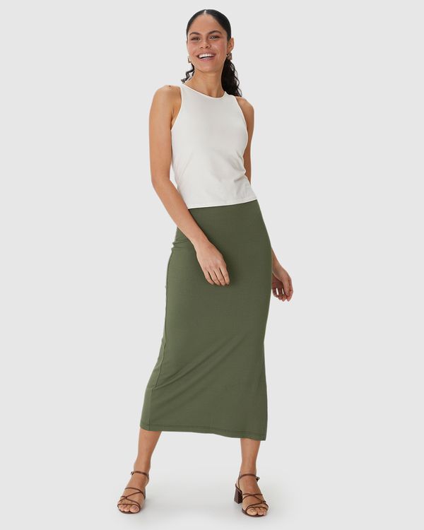 Saia Midi Feminina Básica Fenda Lateral Em Malha Viscose Canelada Verde - G