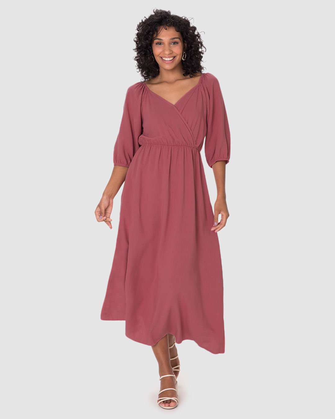 Vestido Midi Feminino Decote V Manga 3/4 Em Viscolinho Texturizado - Imagem 6