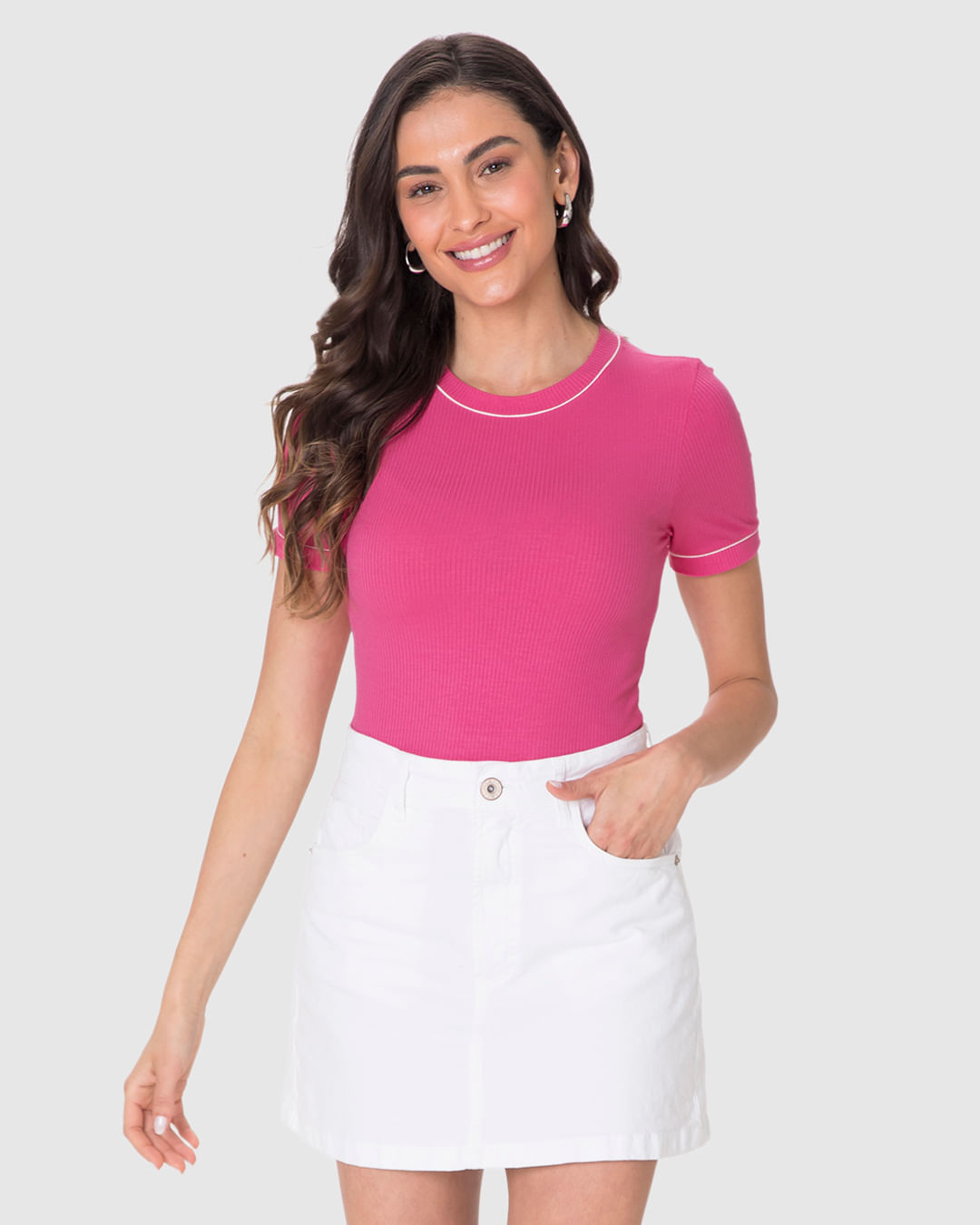 Blusa Básica Feminina Costura Contraste Em Malha Viscose Canelada - Imagem 21