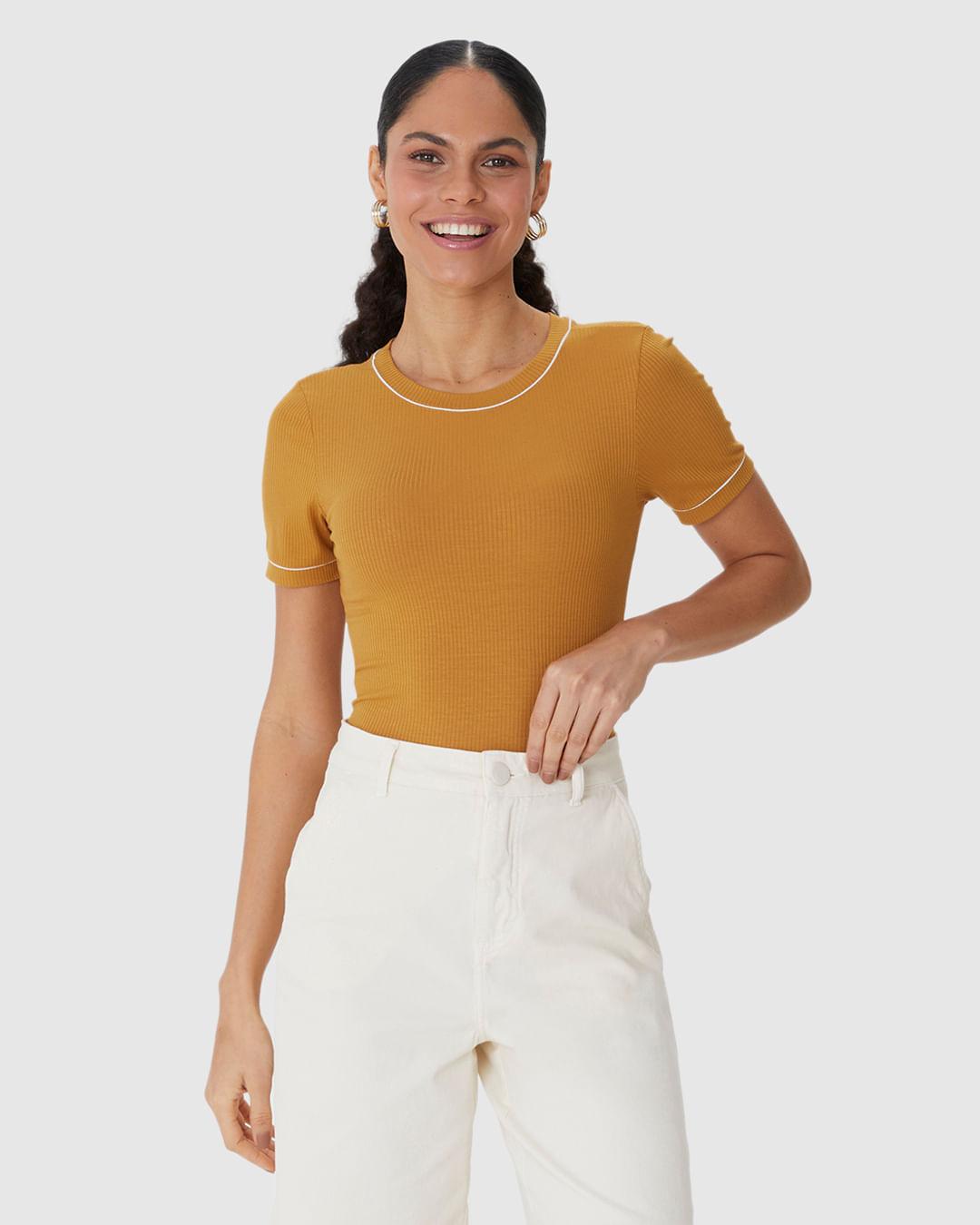 Blusa Básica Feminina Costura Contraste Em Malha Viscose Canelada - Imagem 6