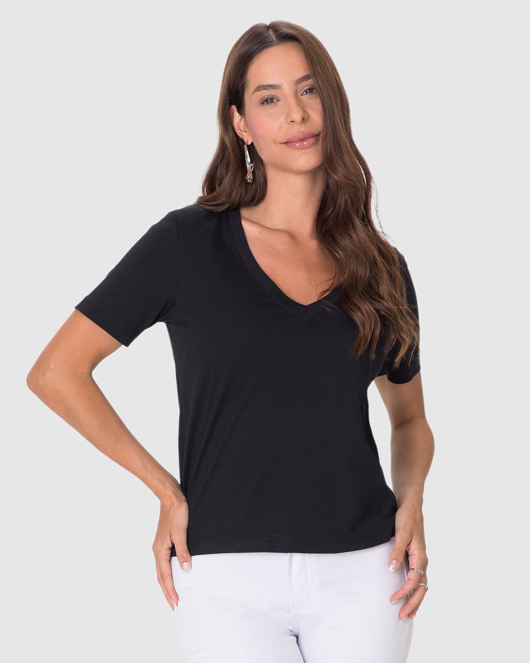 Blusa Básica Feminina Ampla Decote V Manga Curta Em Algodão - Imagem 16