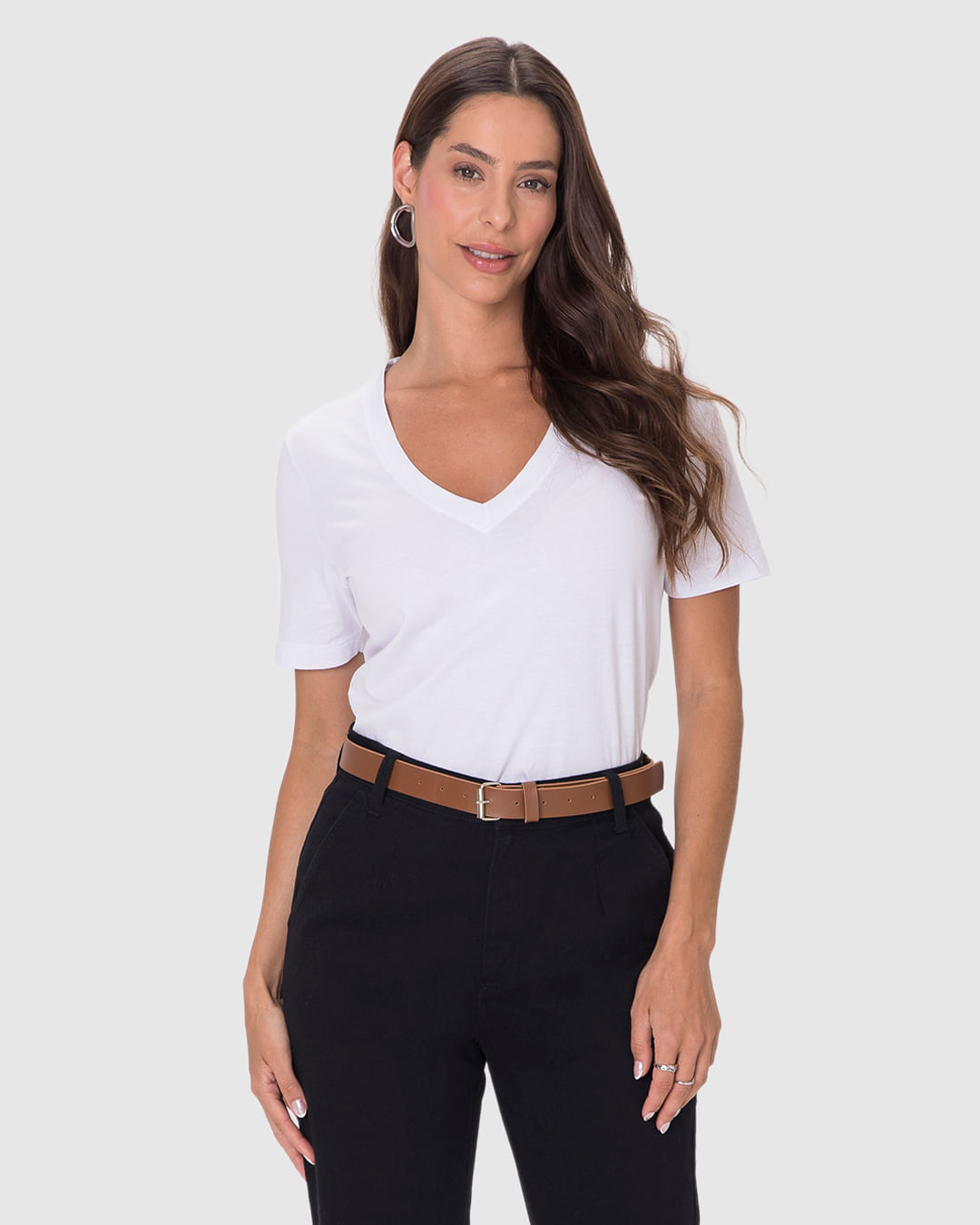 Blusa Básica Feminina Ampla Decote V Manga Curta Em Algodão