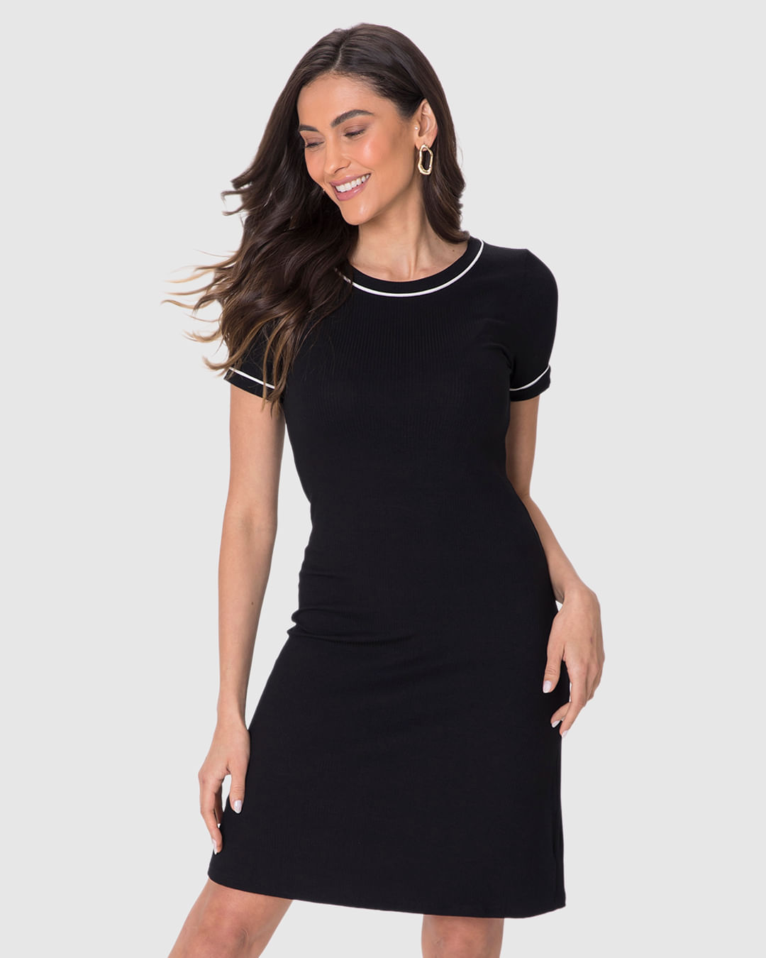 Vestido Básico Feminino Costura Contraste Em Malha Viscose Canelada