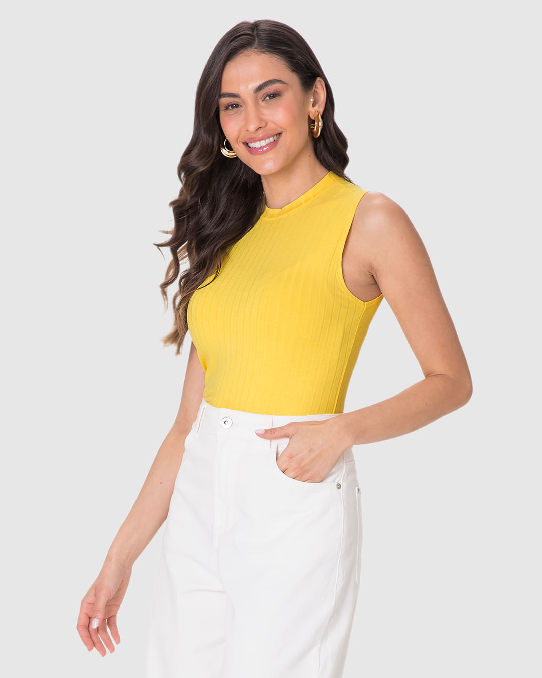 Regata Básica Feminina Justa Gola Alta Em Malha Viscose Canelada - Imagem 26