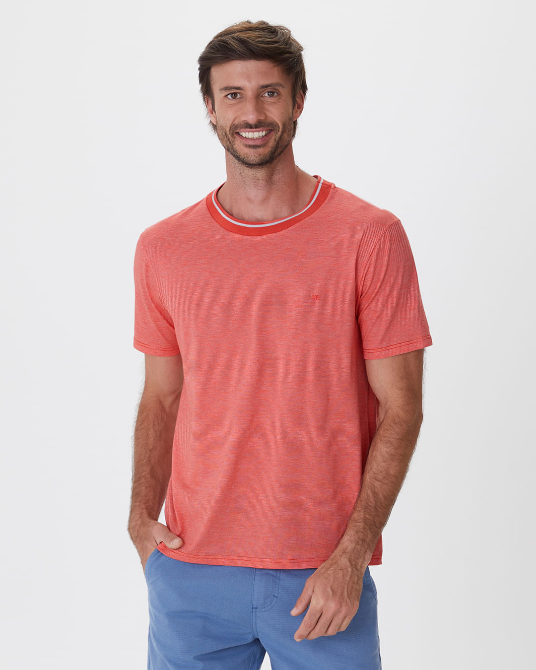 Camiseta Básica Masculina Gola Retilínea Em Malha Fio A Fio - Laranja - P