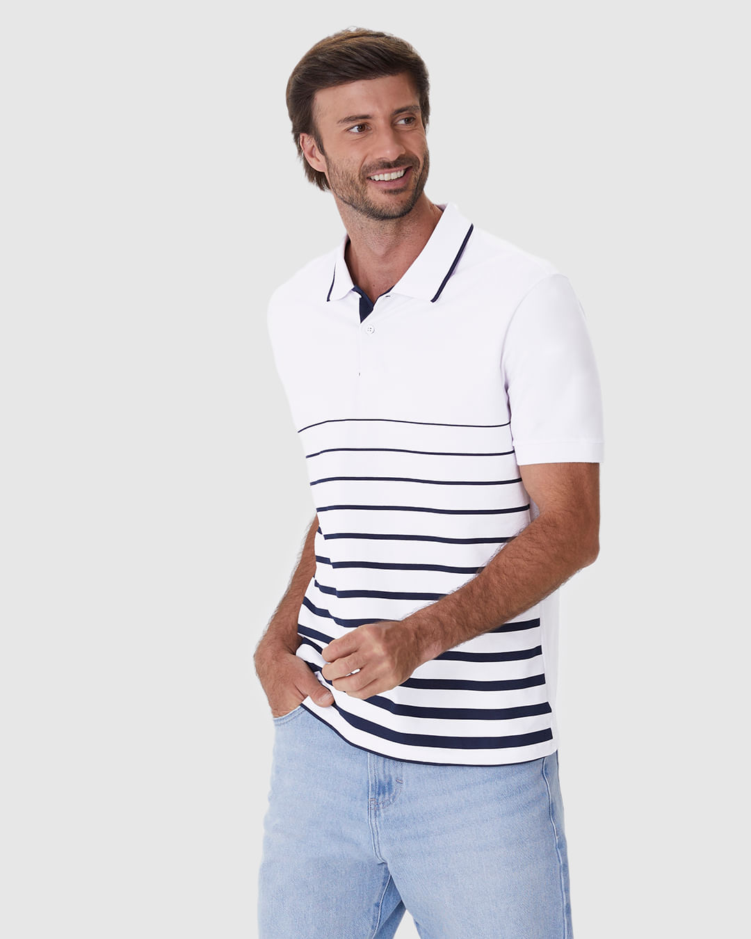 Camisa Polo Masculina Regular Estampa Frontal Listrada em Piquet Stretch