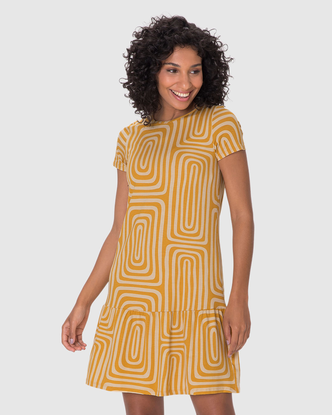 Vestido Feminino Evasê Estampado Barra Franzida em Viscose Stretch