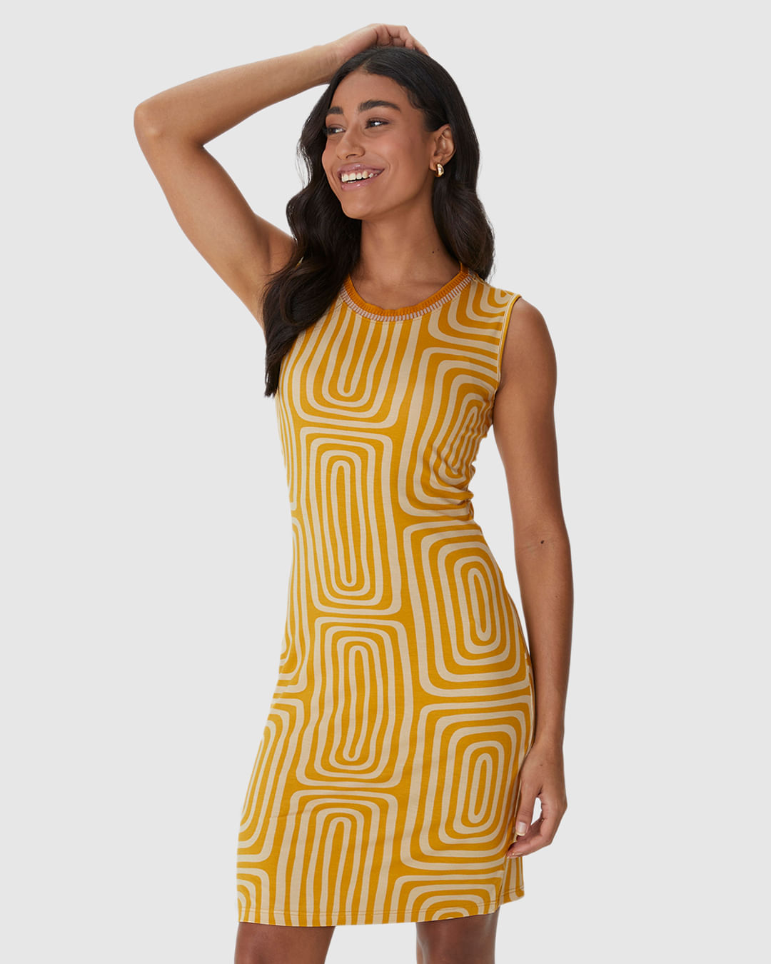 Vestido Feminino Estampado Gola Retilínea Em Viscose Stretch