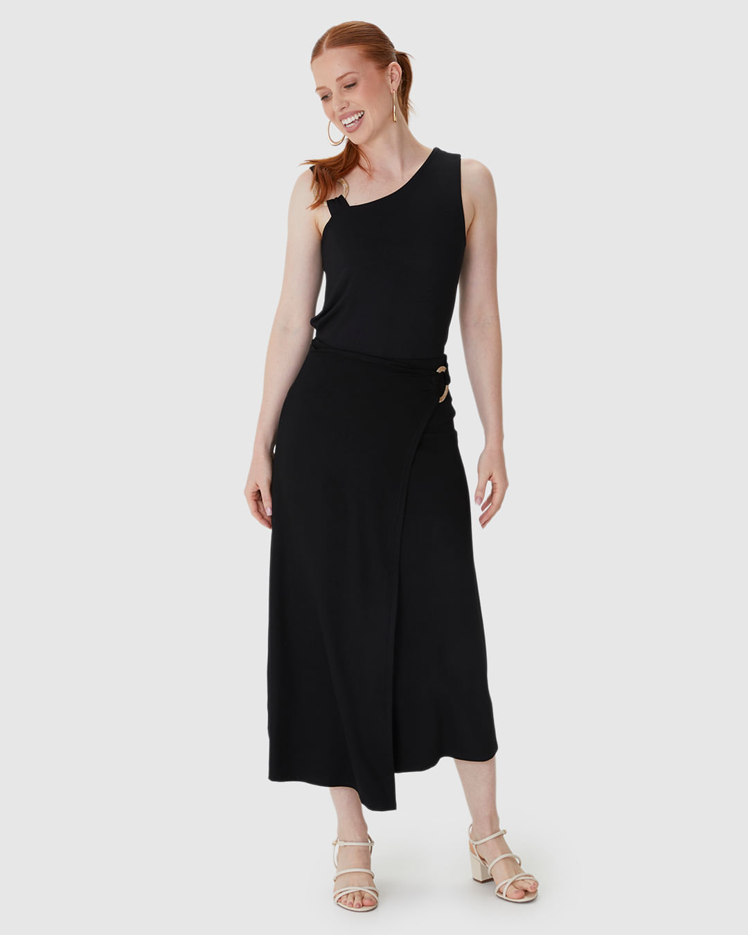Saia Midi Feminina Evasê Detalhe Com Argola Em Malha Viscose Stretch
