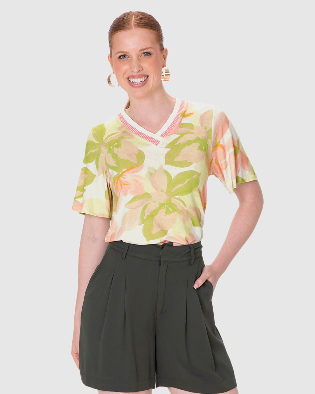 Blusa Ampla Feminina Decote V Retilínea em Malha Viscolinho Stretch