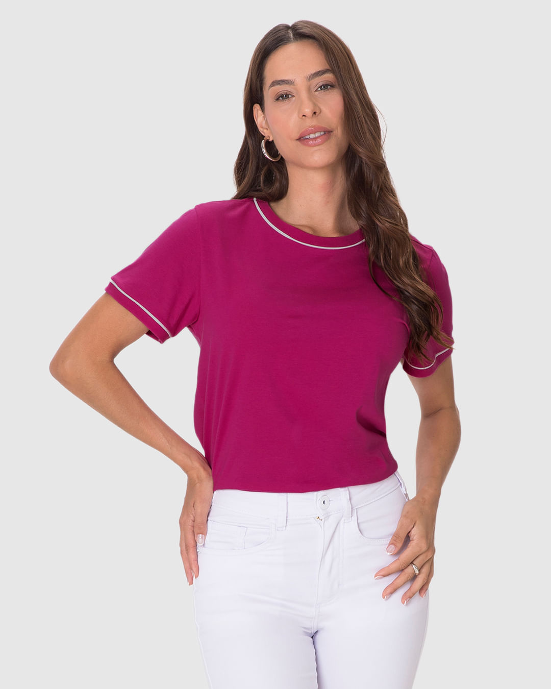 Blusa Básica Feminina Decote Redondo Costura Contraste Em Algodão