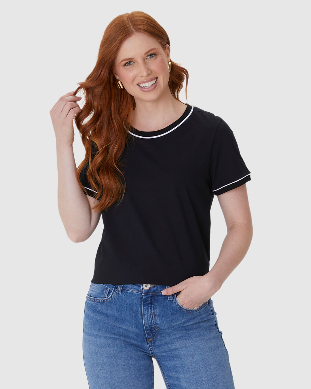 Blusa Básica Feminina Decote Redondo Costura Contraste Em Algodão - Imagem 11