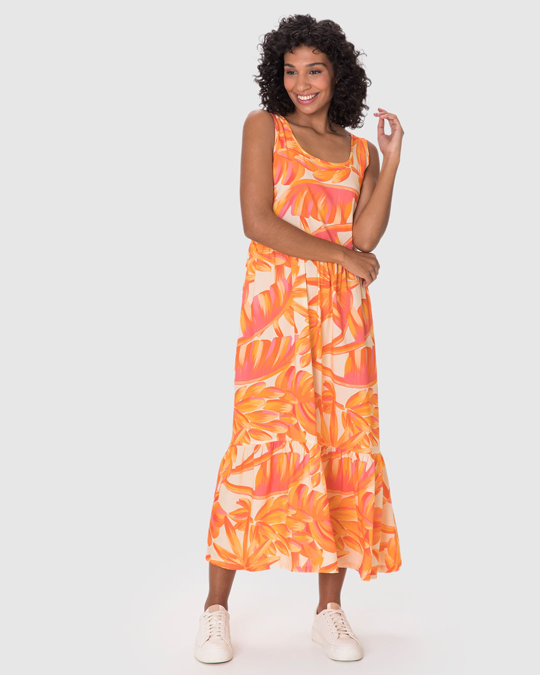 Vestido Midi Feminino Estampado Amplo Decote Quadrado em Viscose