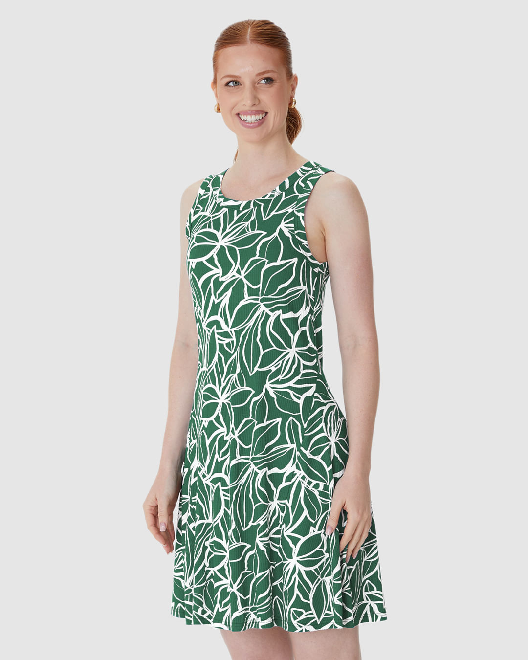 Vestido Feminino Evasê Sem Manga Estampa Folhagem Em Malha Viscose Canelada - Imagem 11