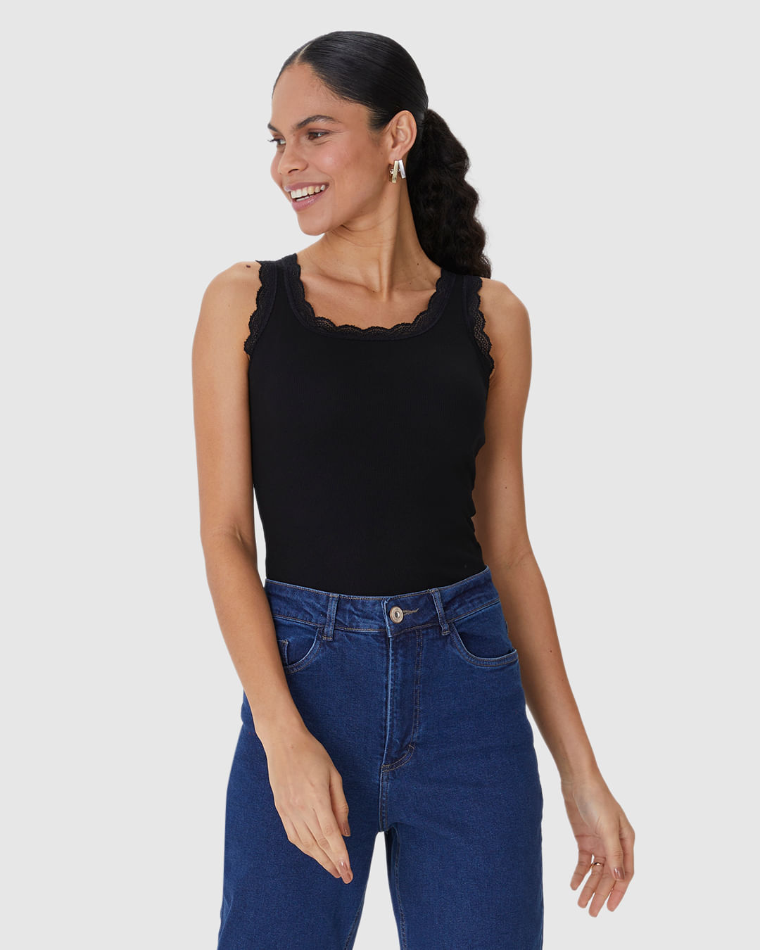 Regata Básica Feminina Detalhe Costura Renda Em Ribana - Imagem 6