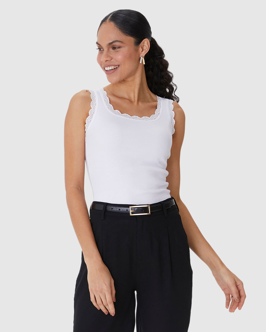 Regata Básica Feminina Detalhe Costura Renda Em Ribana - Imagem 16